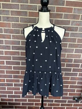NWOT LOFT Black Halter Swing Peplum Top White Embroidery Sz L
